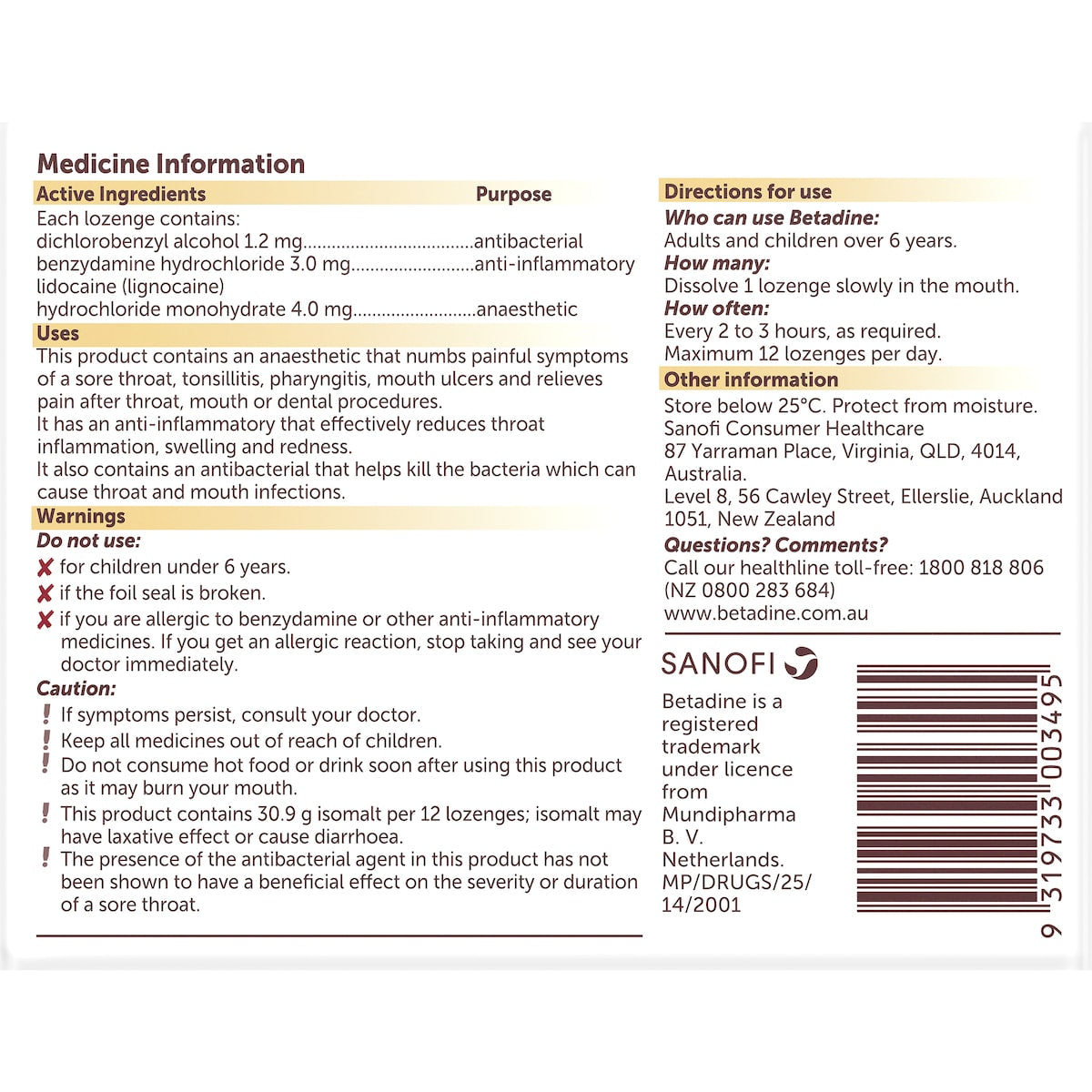 Betadine Sore Throat Lozenges Anaesthetic Honey & Lemon 36 Pack