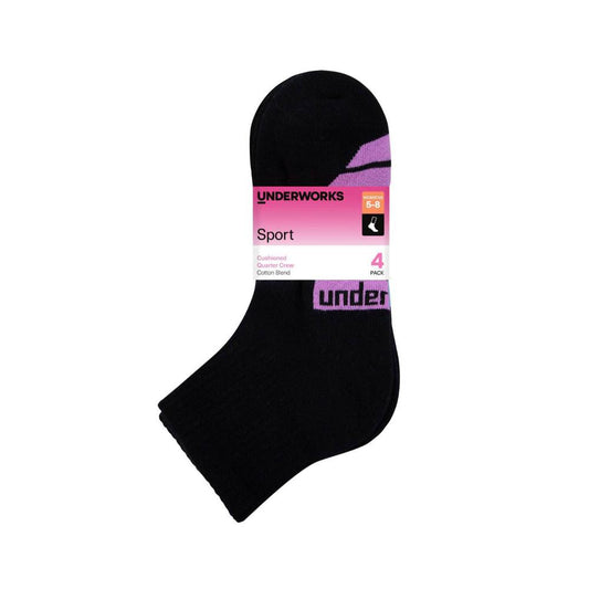 Underworks Womens 1/4 Crew Sock Size 5-8 Black 4 PACK