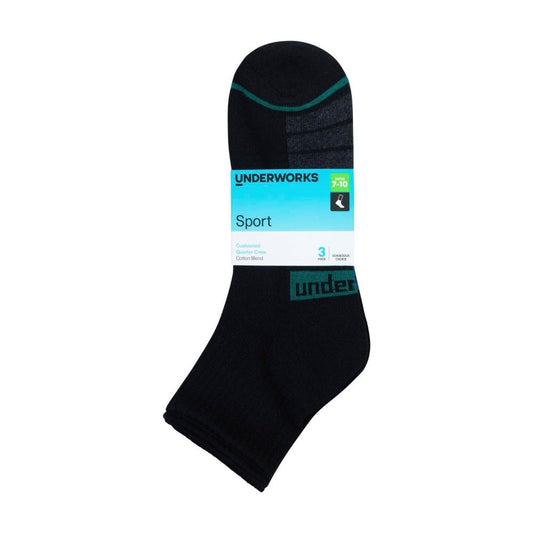 Underworks Mens Sports Quarter Crew White/black Size 5-8 Socks - 3 Pack