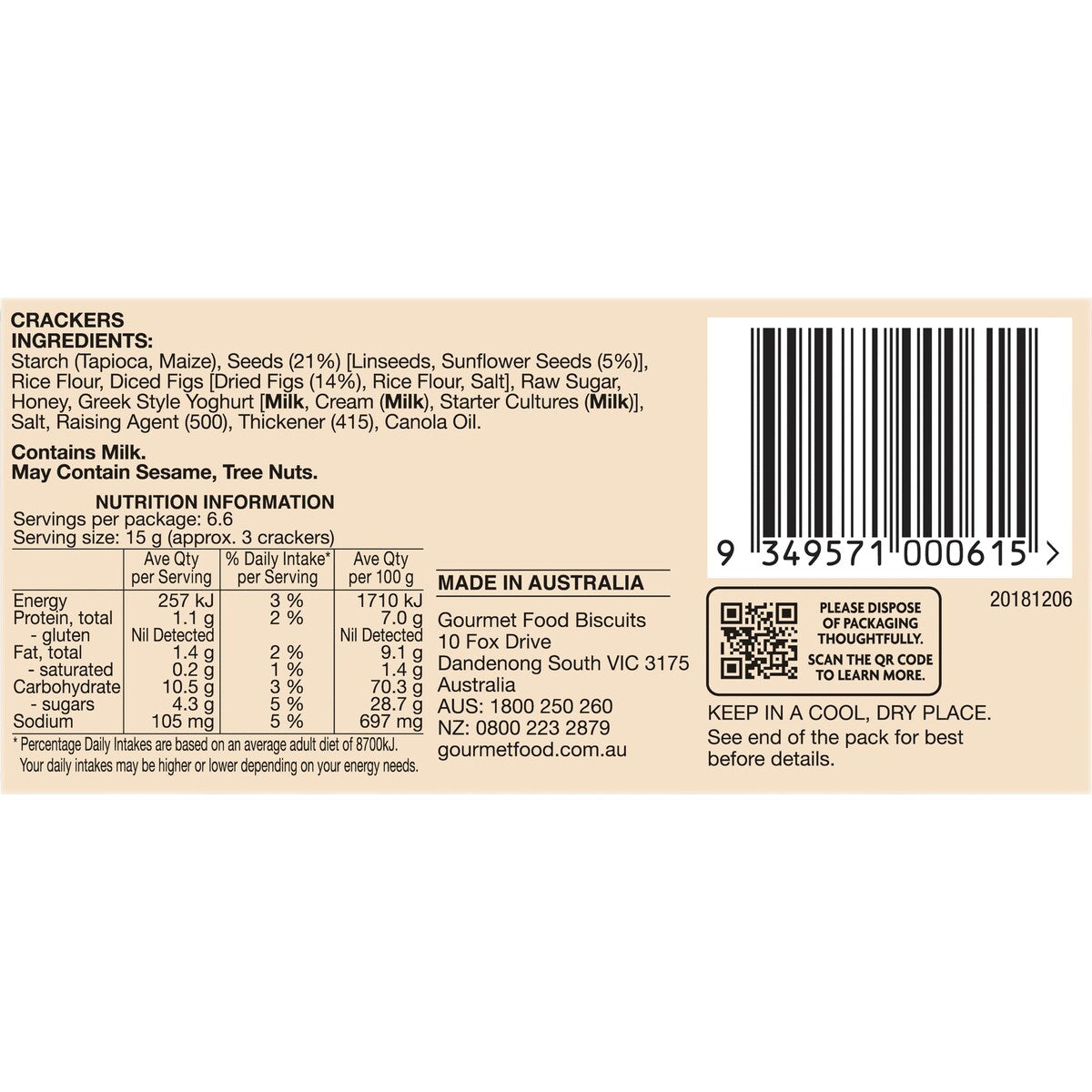 Olina's Bakehouse Gluten Free Sunflower Seed & Fig Cracker 100g