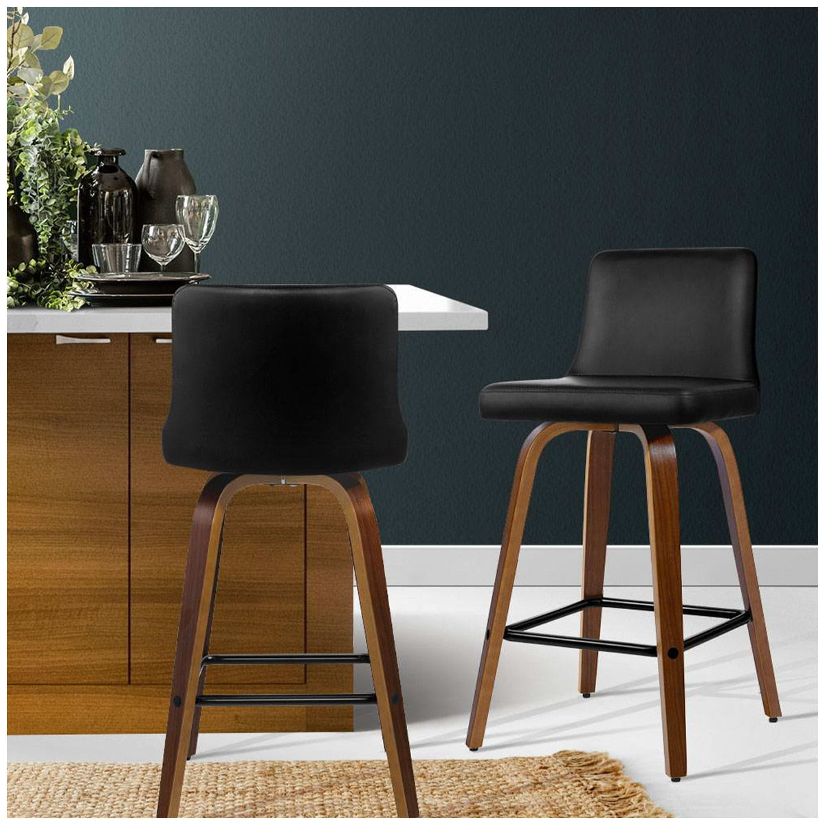 Artiss Felipe Barstool Black Walnut Swivel PU Leather Wood 2 Pack