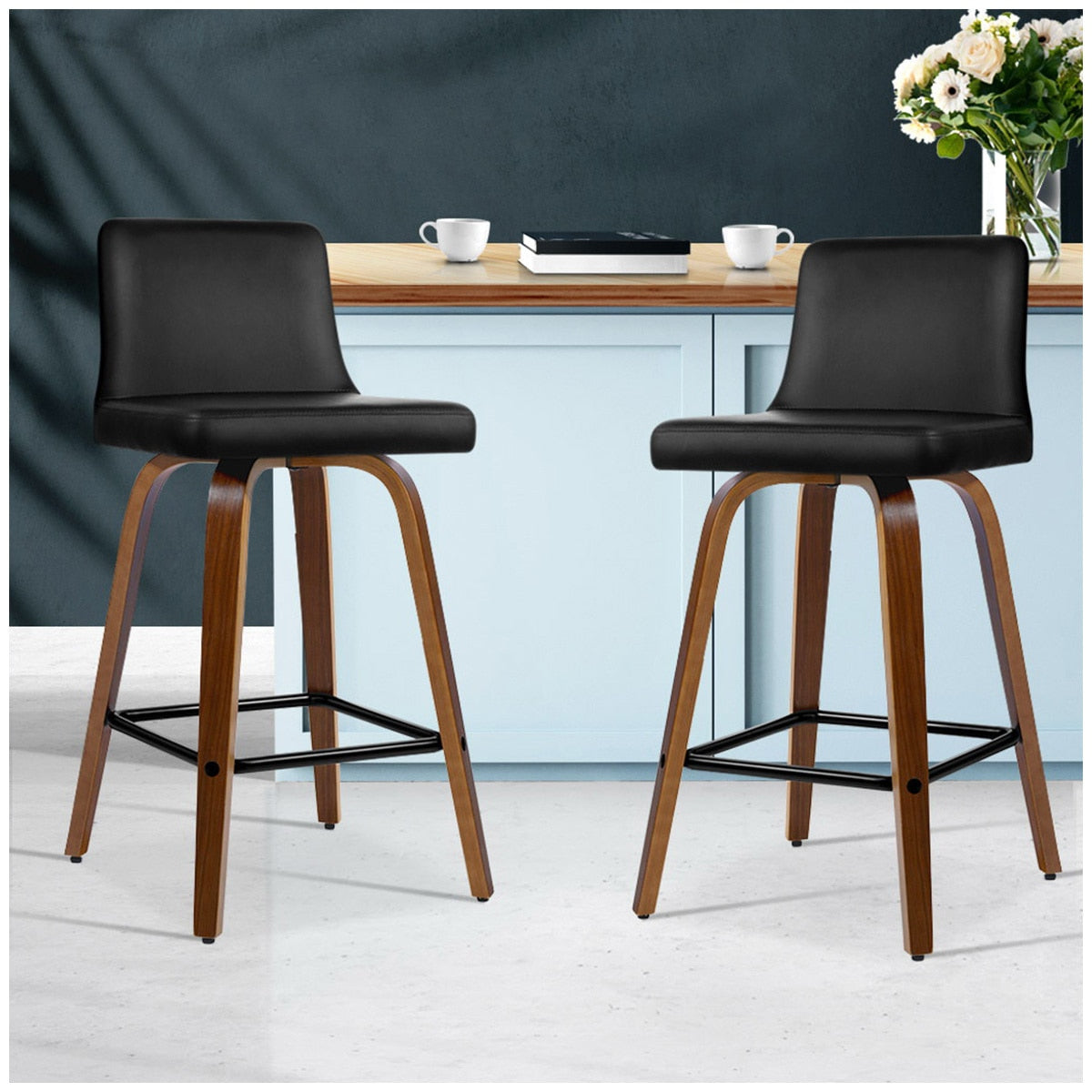 Artiss Felipe Barstool Black Walnut Swivel PU Leather Wood 2 Pack