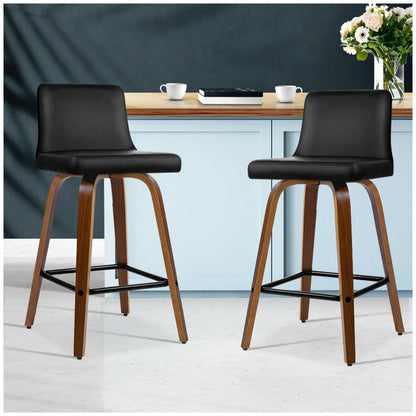 Artiss Felipe Barstool Black Walnut Swivel PU Leather Wood 2 Pack