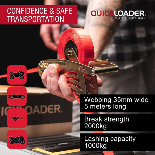 Quickloader Retractable Ratchet Strap Tie Down - 5m x 35mm - 1000kg - 2 Pack - Red