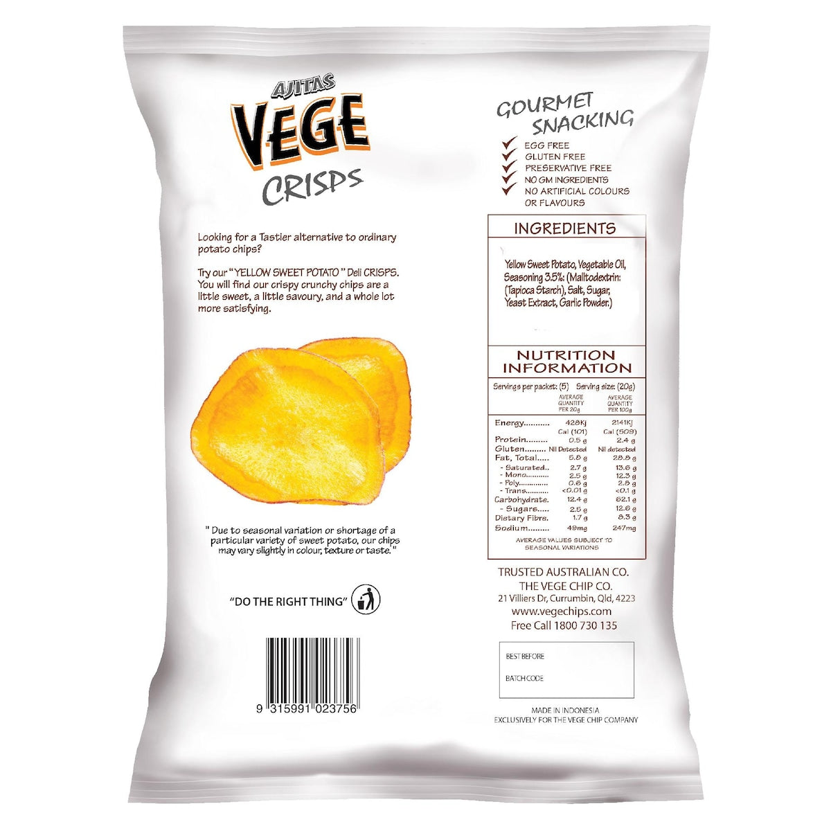 Vege Chips Yellow Sweet Potato Deli Crisps 100g