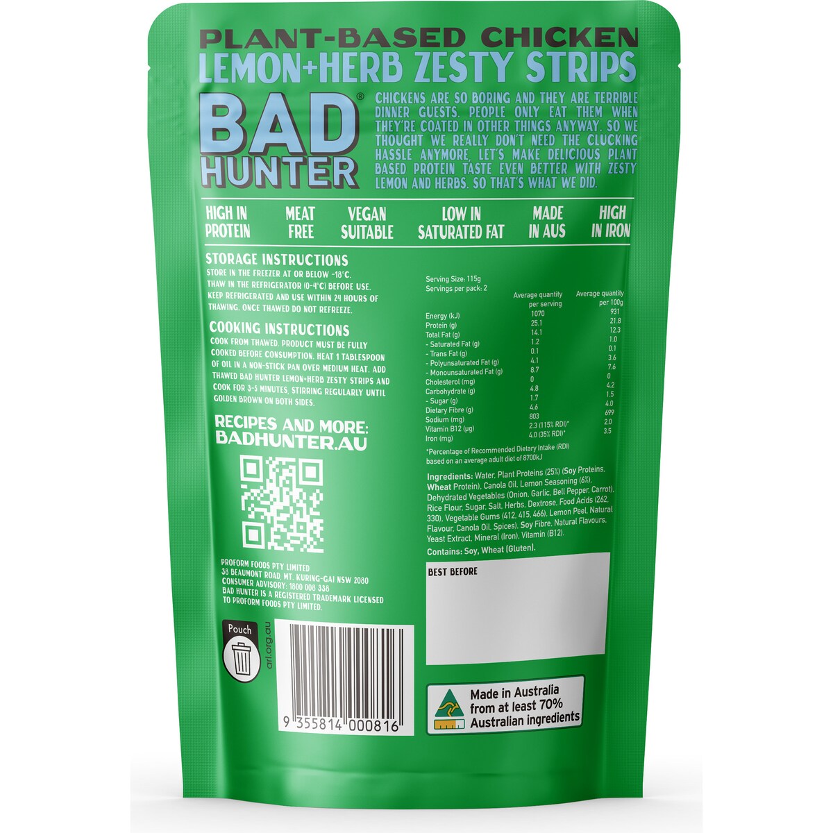 Bad Hunter Plant Based Chicken Lemon & Herb Zesty Strips 230g