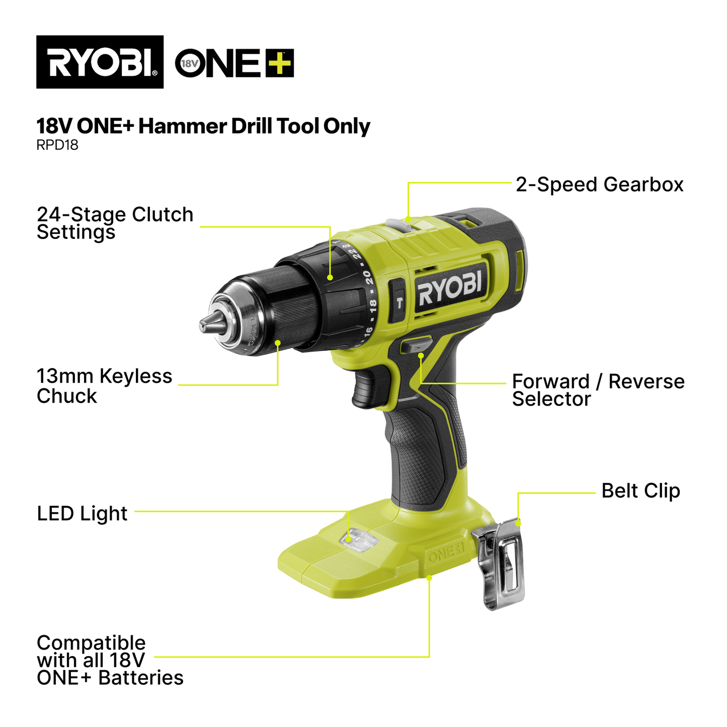Ryobi Hammer Drill - RPD18 - 18V ONE+ - Tool Only