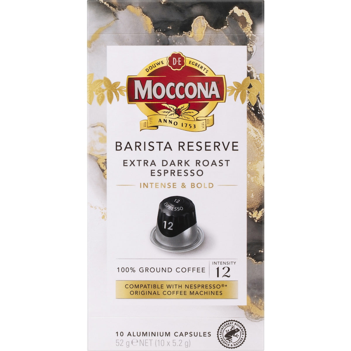 Moccona Barista Reserve Coffee Pods Intense 12 Extra Dark Espresso 10 Pack