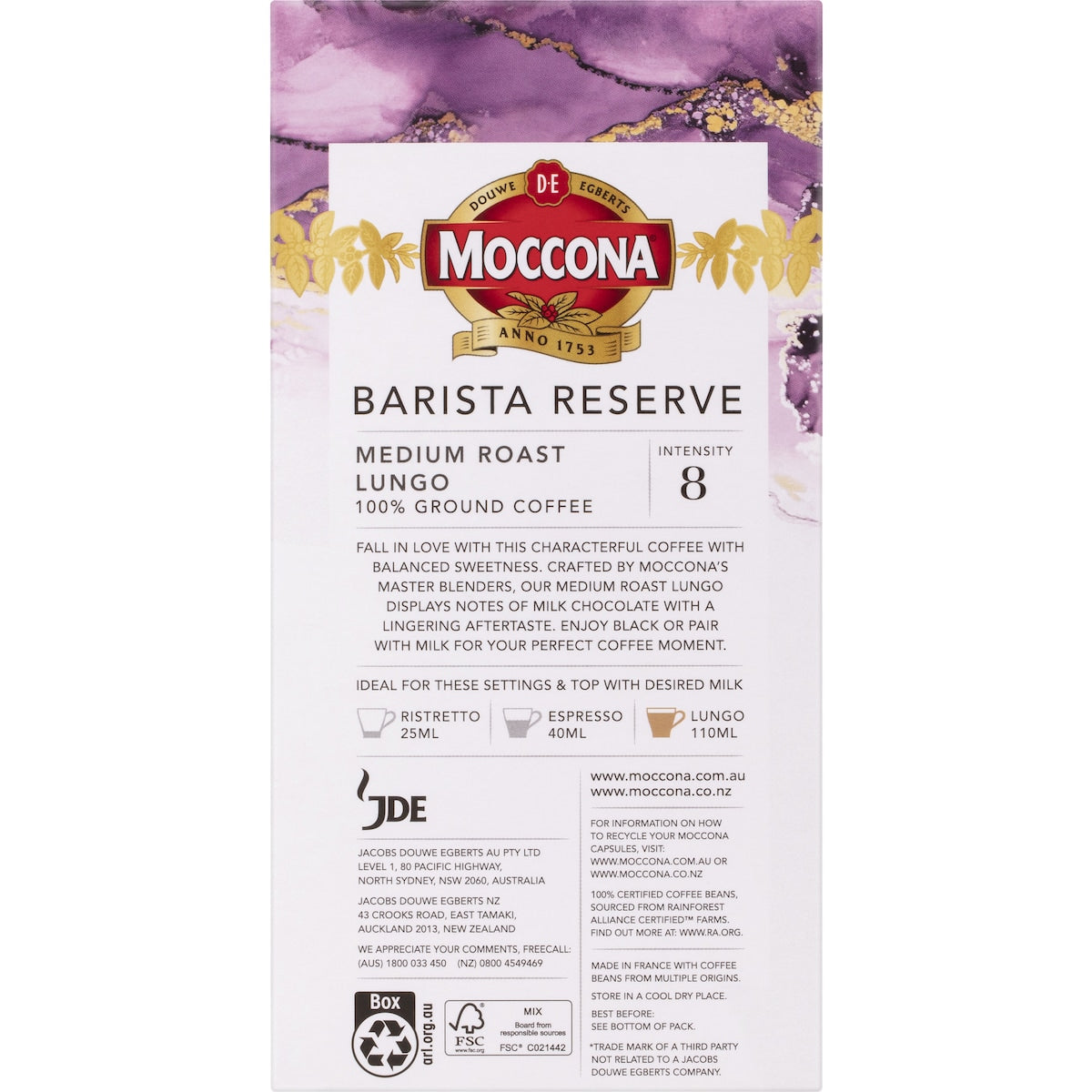 Moccona Barista Reserve Coffee Pods Intensity 8 Medium Roast Lungo 10 Pack