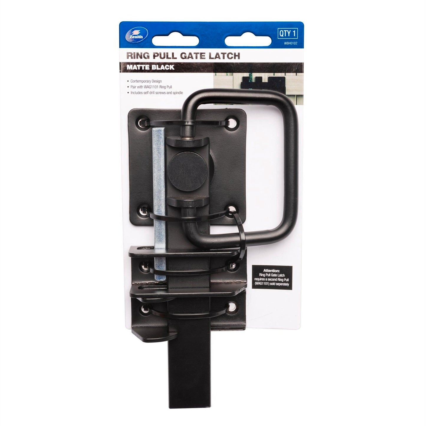 Zenith Matte Black Ring Pull Gate Latch - 115 x 32 x 210mm