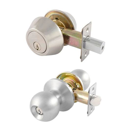 Gainsborough Combination Entrance Knob Set - 60mm to 70mm - Stainless Steel - Keyed Alike