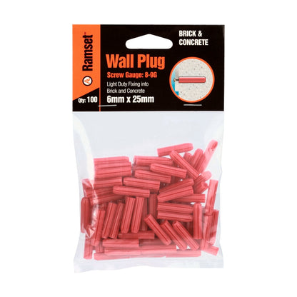Ramset Red Wall Plugs - 6 x 25mm - 100 Pack