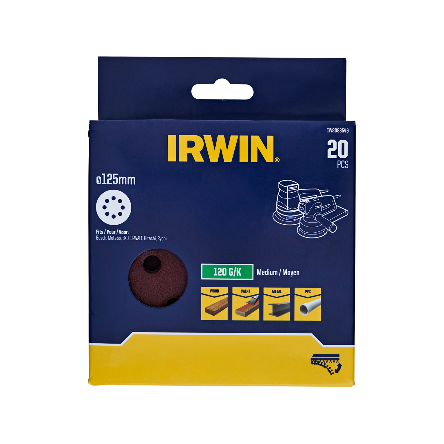Irwin Quick Fit Random Orbital Sanding Discs - 125mm - 120 Grit - 20 Pack