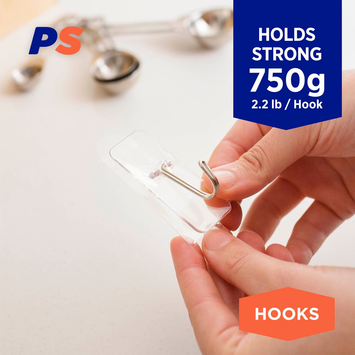 Permastik Medium Clear Kitchen Hooks 4 Pack - Holds 750g - 25mm x 20mm x 60mm