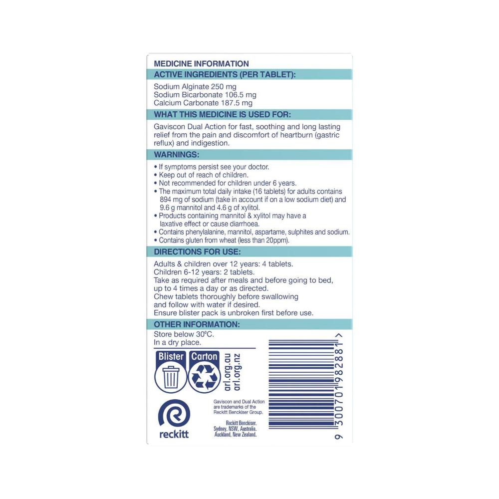 Gaviscon Dual Action Chewable Tablets Heartburn & Indigestion Relief Peppermint - 16 pack