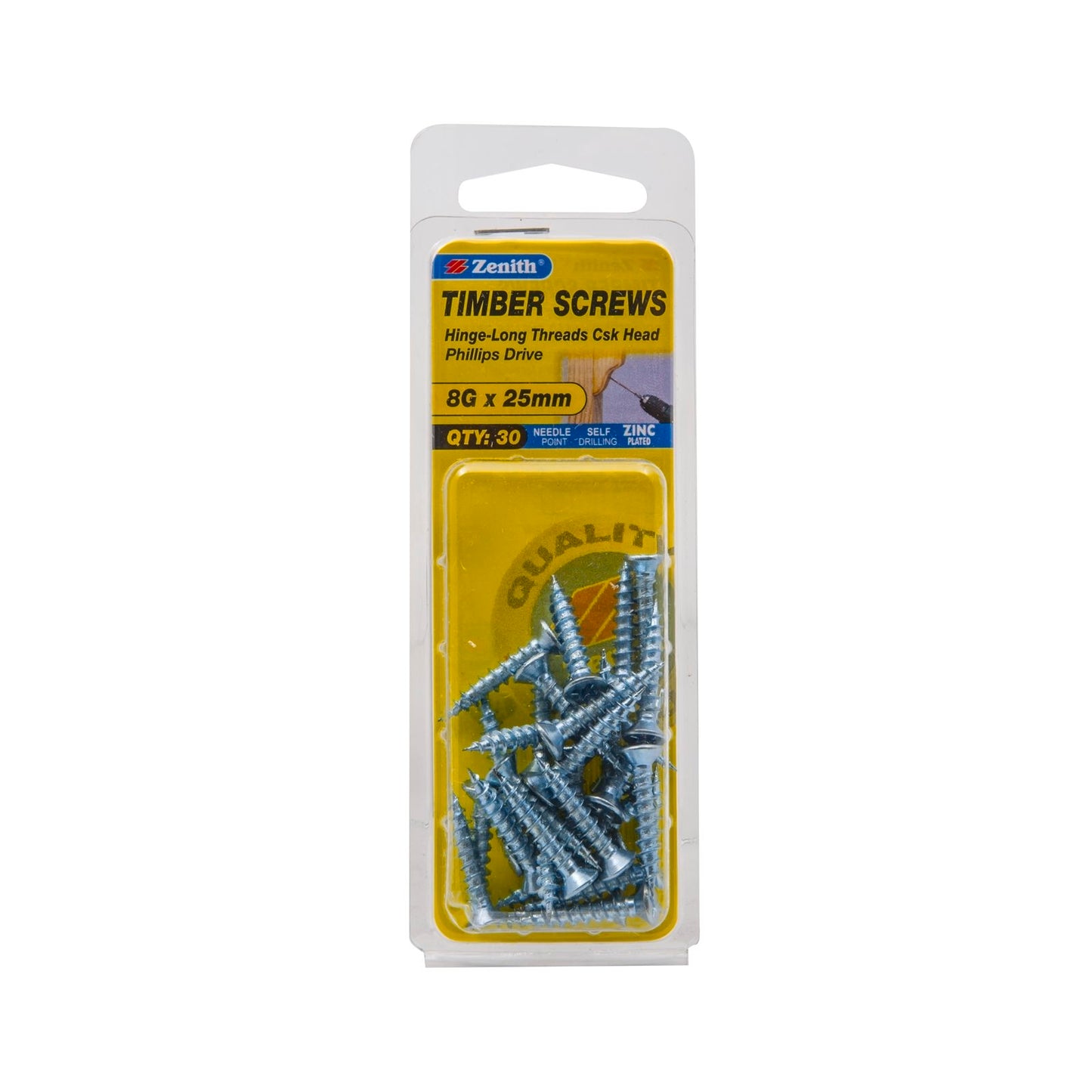 Zenith Timber Screws - 8g x 25mm - Zinc - 30 Pack