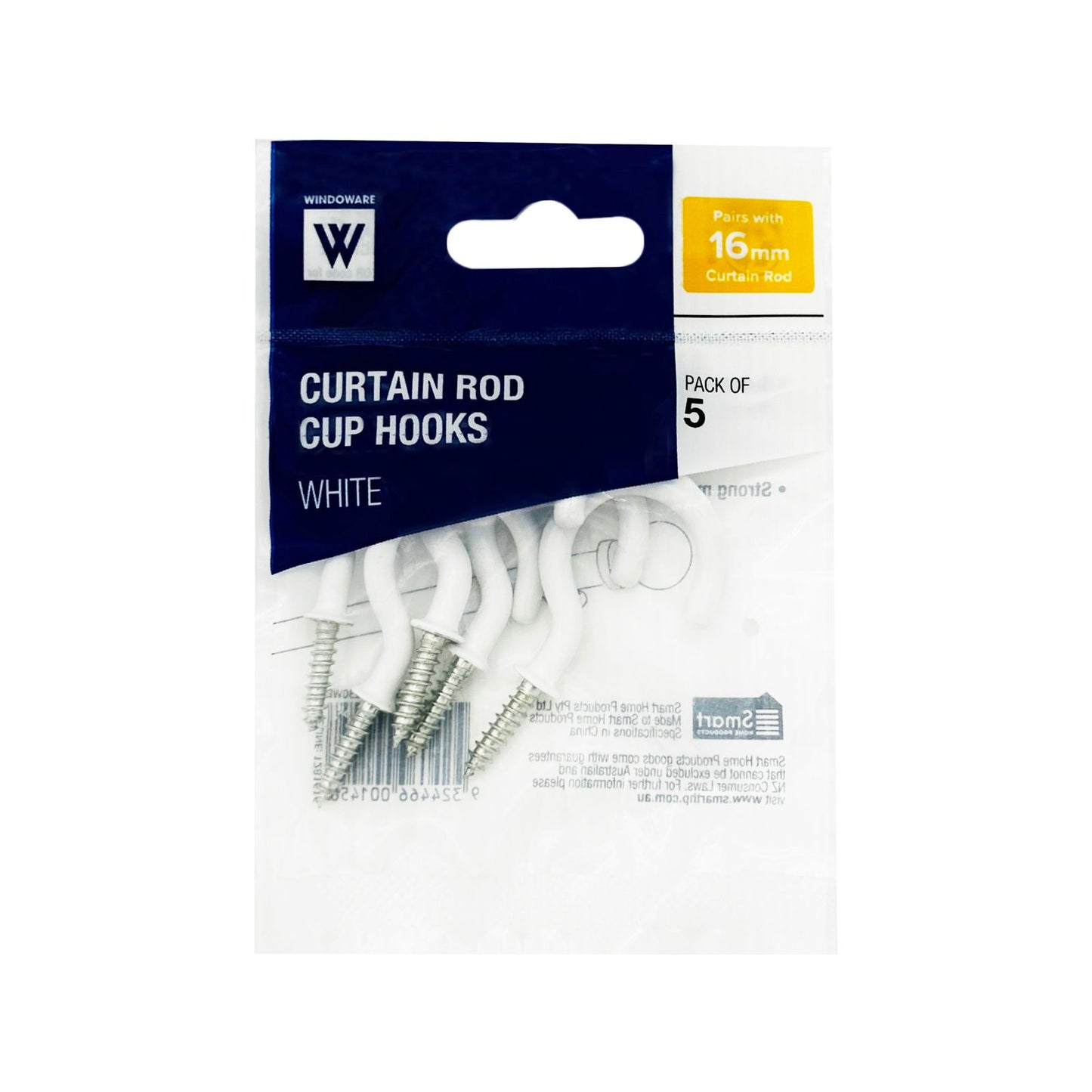Windoware White Curtain Rod Cup Hooks - 16mm - 5 Pack
