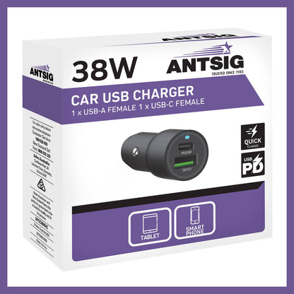 Antsig 38W 2 Port USB Car Charger - 25 x 60mm
