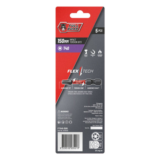 Full Boar Magnetic Impact Torsion Bit T40 x 150mm 5 Pack
