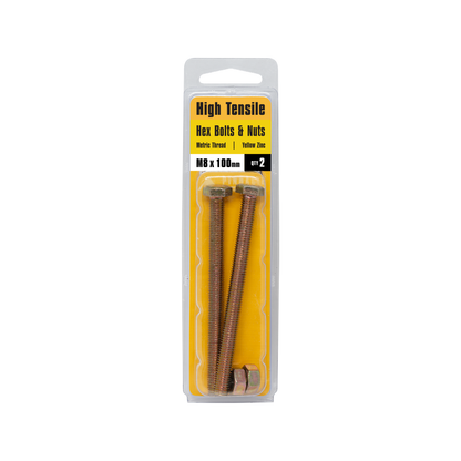 Pinnacle Hex Bolt and Nut - M8 x 100mm - Yellow - 2 Pack