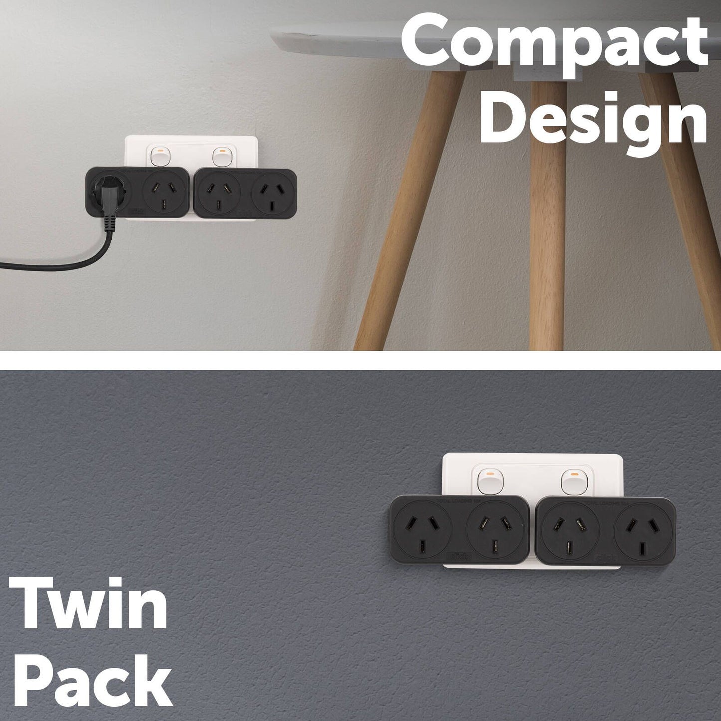 Click Double Adaptor - 90 x 130 x 55mm - Black - 2 Pack