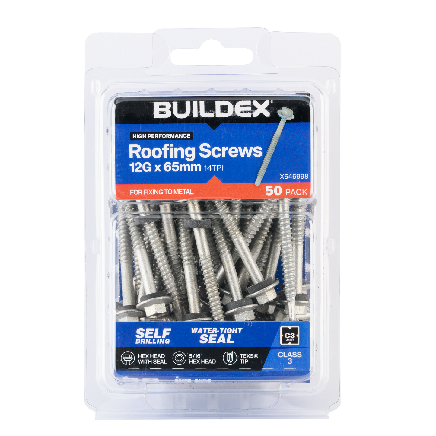 Buildex Roofing Teks Screws - 12g x 65mm - Class 3 - 50 Pack