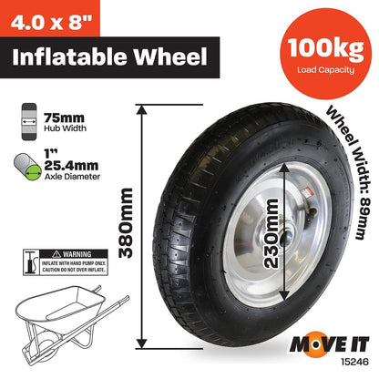 Move It Pneumatic Wheel - 400mm x 8 - Rubber/Steel - 1'' Axle Diameter