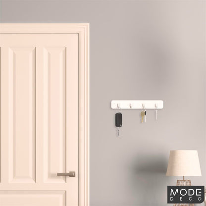 Mode Key Rack - 4 Brushed Nickel Hooks - White Board - Durable Design