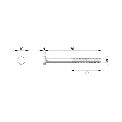 Zenith Hex Head Bolt - M6 x 75mm - Hot Dipped Galvanised - 10 Pack