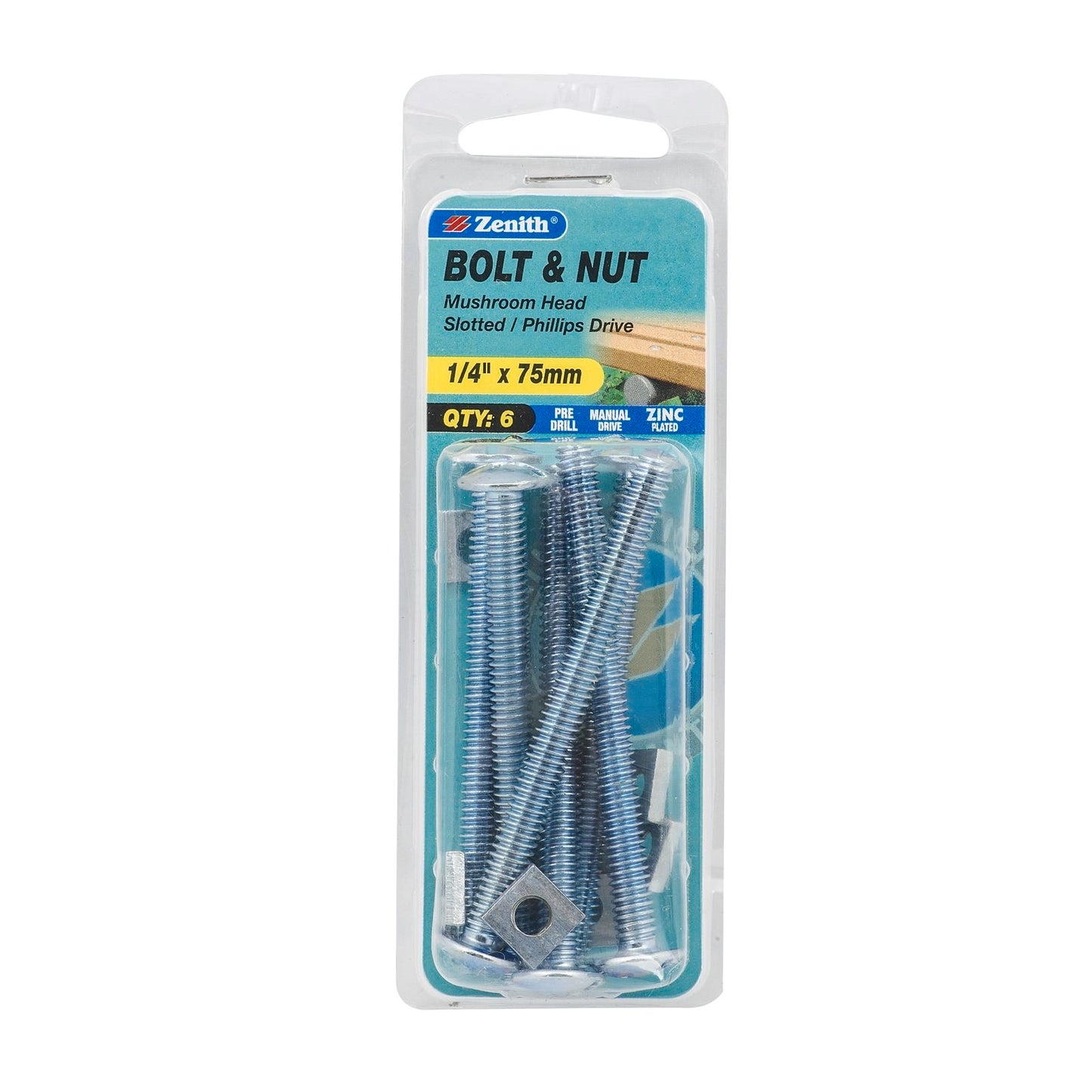 Zenith Mushroom Head Bolt & Nut - 1/4 x 75mm - 6 Pack