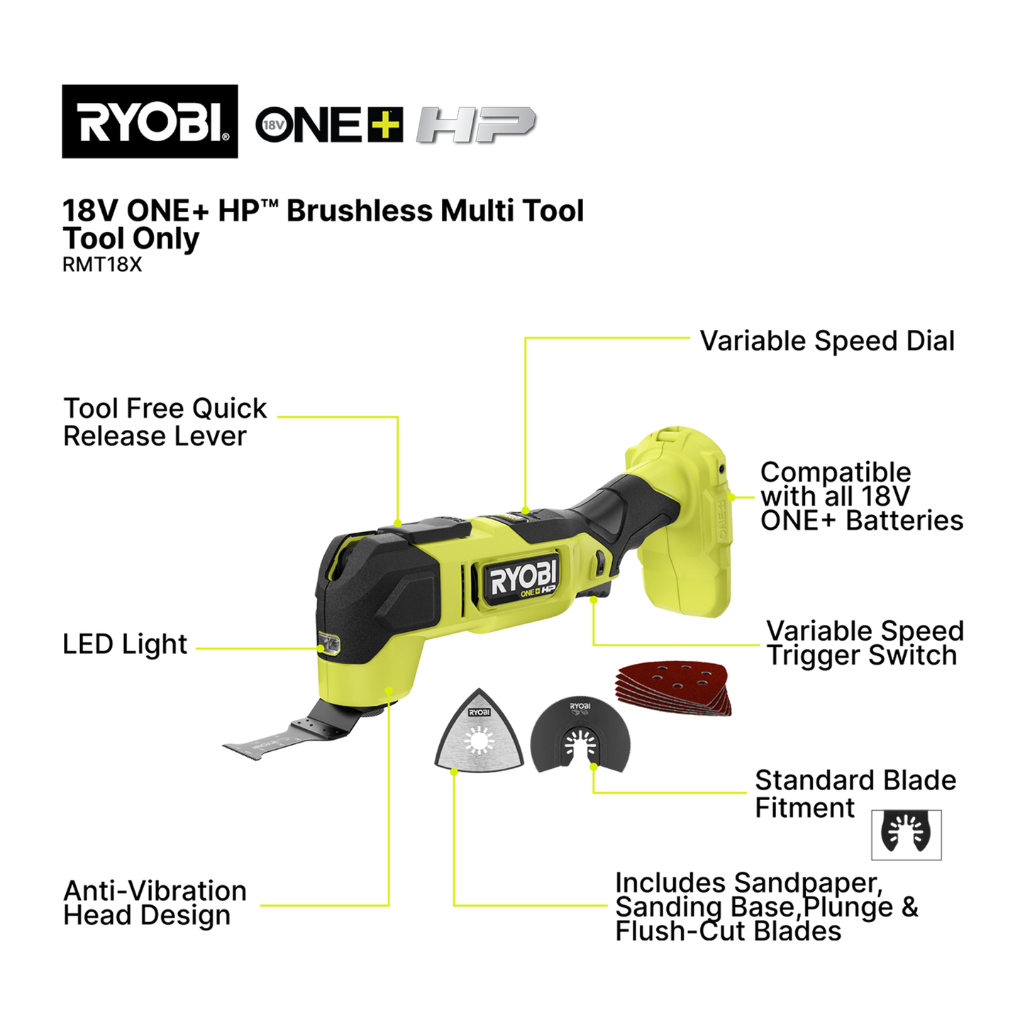 Ryobi ONE+ HP Brushless Multitool - Tool Only - 80 x 322 x 138mm