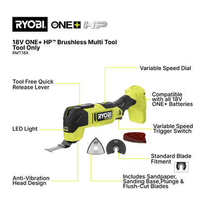 Ryobi ONE+ HP Brushless Multitool - Tool Only - 80 x 322 x 138mm