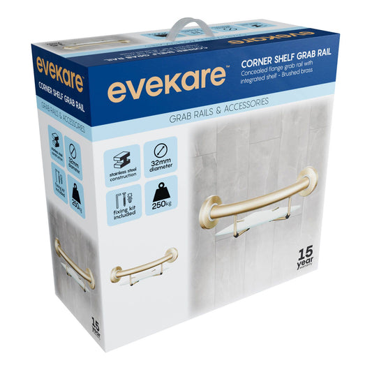 Evekare Brushed Brass Corner Shelf with Grab Rail - 270 x 120 x 275mm