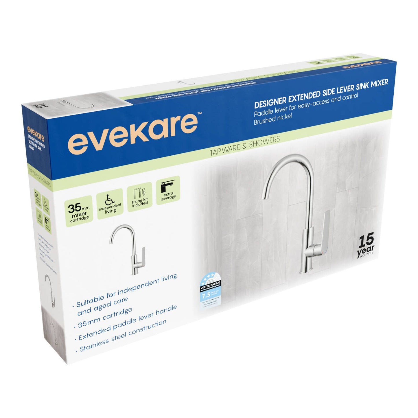 Evekare 35mm Brushed Nickel Designer Extended Side Lever Sink Mixer