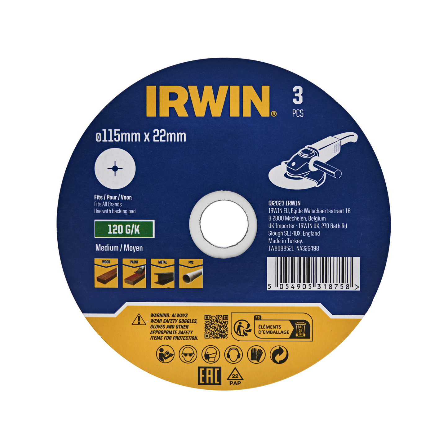 Irwin Fibre Disc - 115 x 22mm - 120 Grit - 3 Pack