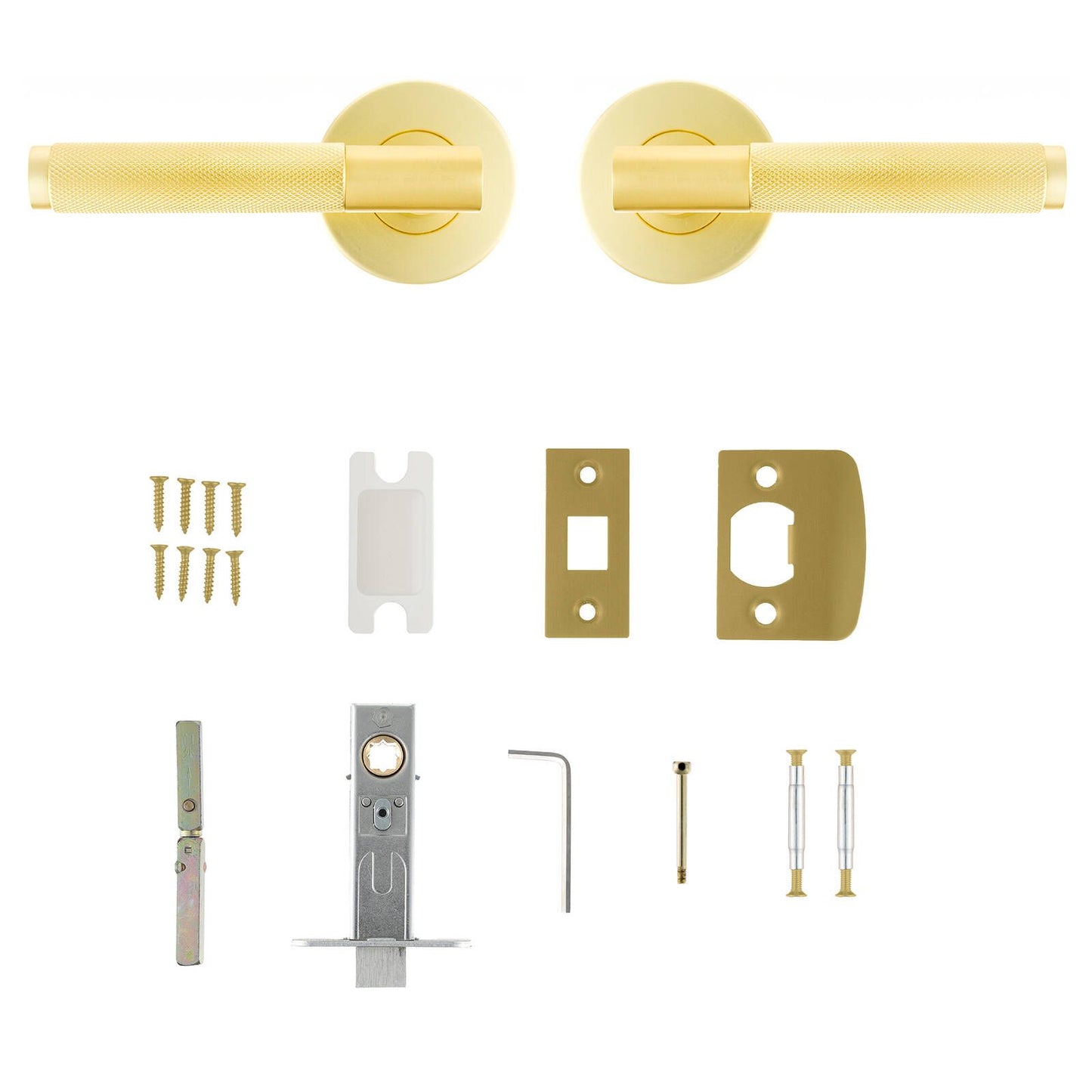 Ikonic Brushed Brass Knurled Privacy Lever Set