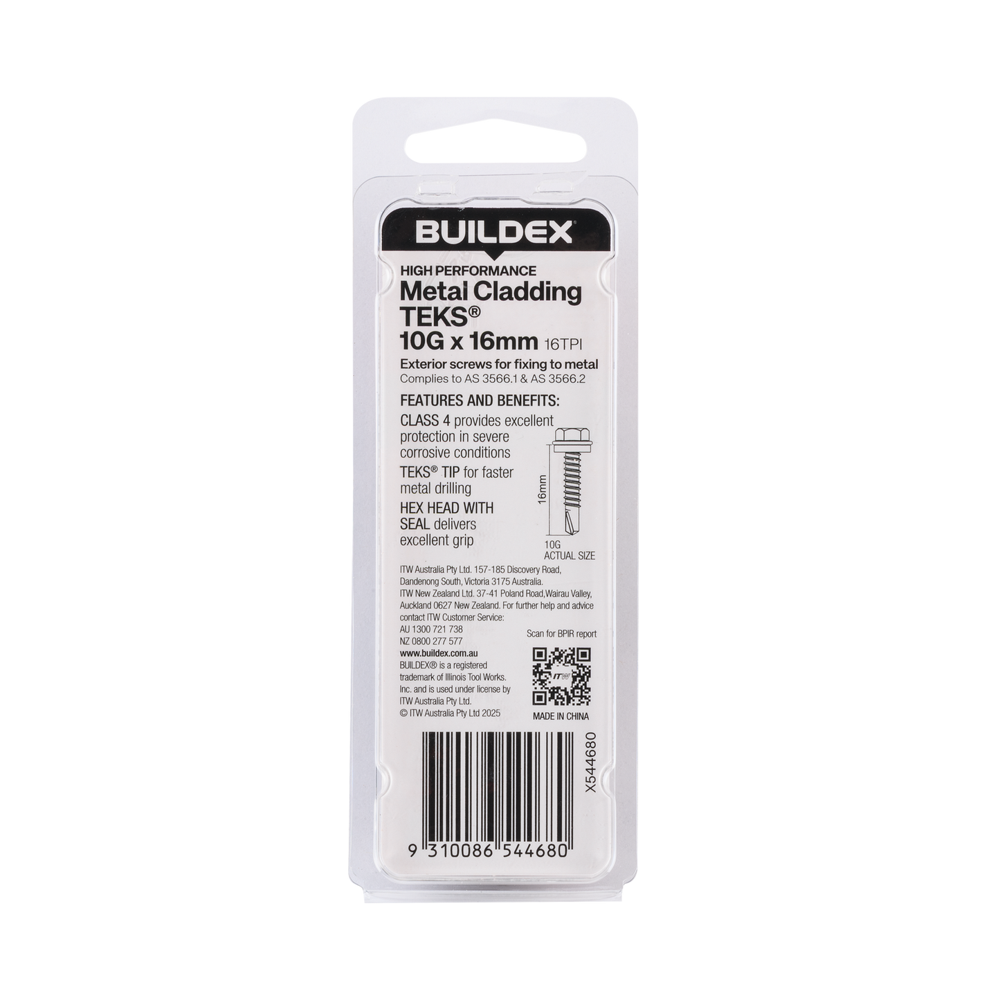 Buildex Teks Screws - 10g x 16mm - Class 4 - 20 Pack