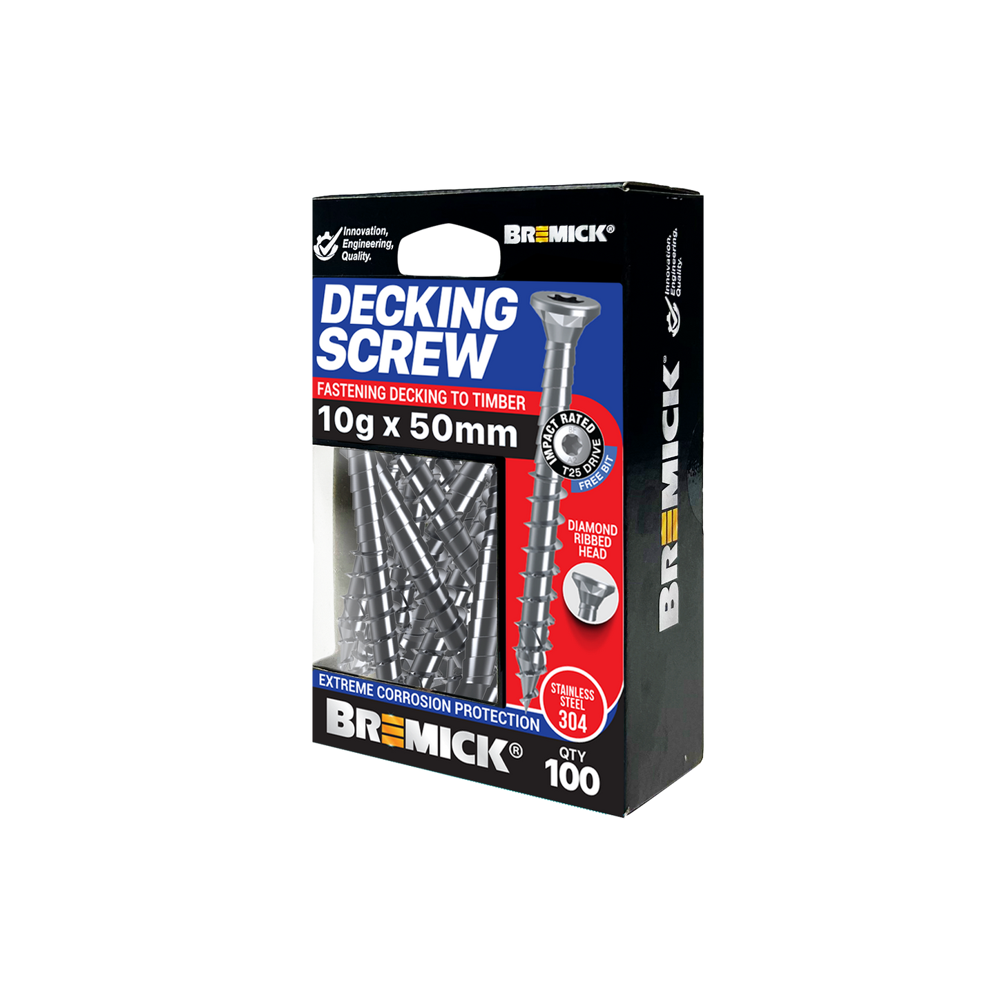 Bremick Decking Screw - 10g x 50mm - Spiral Rib T25 - SS304 - 100 Pack