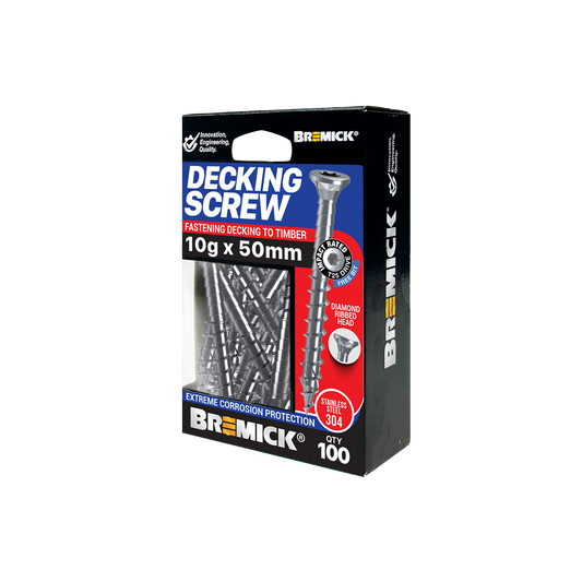Bremick Decking Screw - 10g x 50mm - Spiral Rib T25 - SS304 - 100 Pack