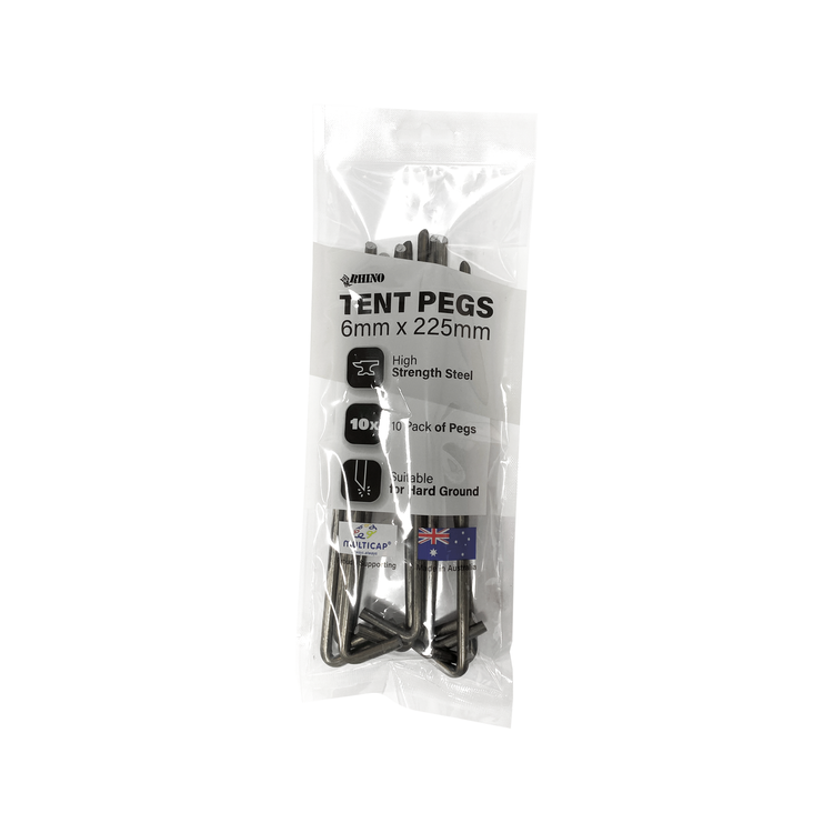 Rhino Tent Peg 6 x 225mm High Strength Steel Suitable For Hard Ground - 10 Pack