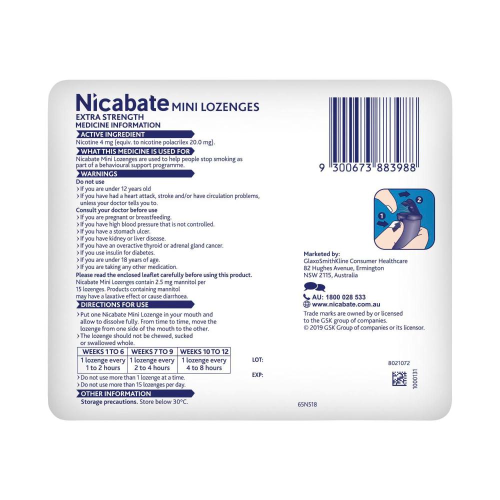 Nicabate Mini Lozenge Quit Smoking Aid Nicotine 4mg Extra Strength Mint - 60 Pack