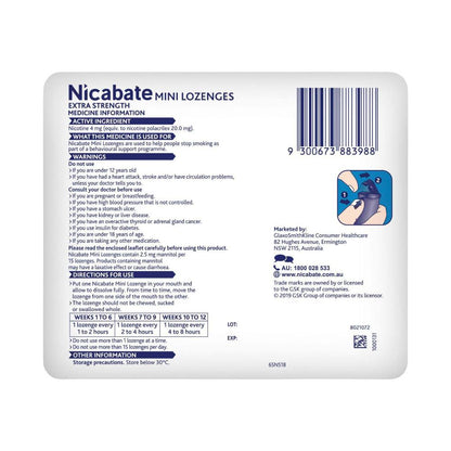 Nicabate Mini Lozenge Quit Smoking Aid Nicotine 4mg Extra Strength Mint - 60 Pack