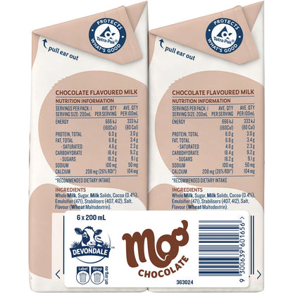 Devondale Moo Chocolate Milk Long Life Uht Milk 200ml X 6 Pack