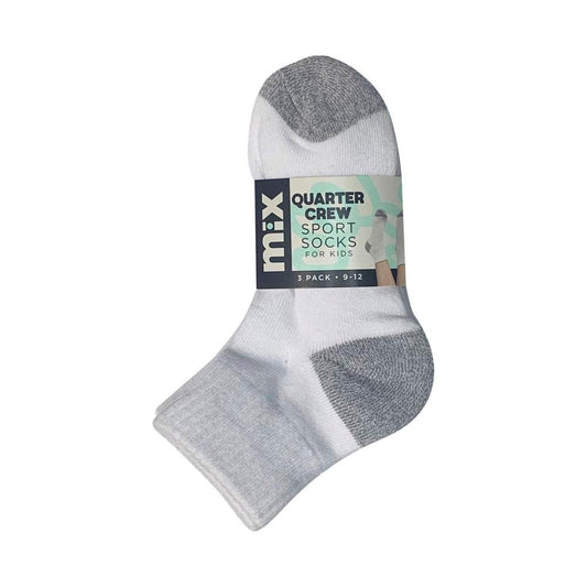 Mix Kids Qtr Crew Sport Socks White 5-8 3 pack