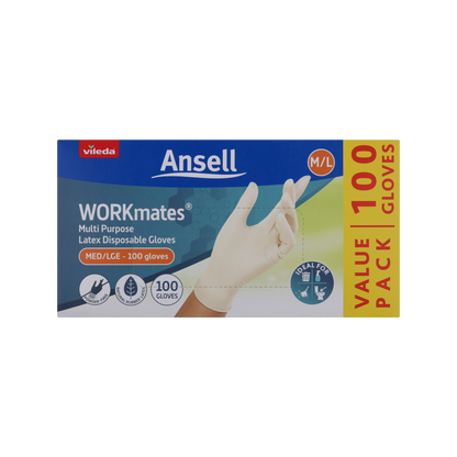 Vileda Ansell Workmates Multi Purpose Latex Medium Large Disposable Gloves - 100 Pack