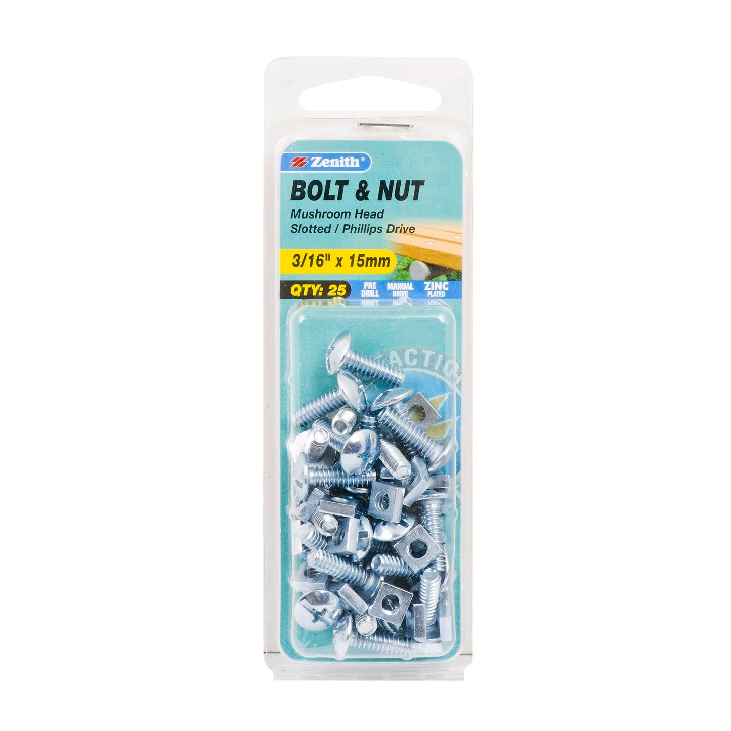 Zenith Mushroom Head Bolt & Nut - 3/16 x 15mm - 25 Pack