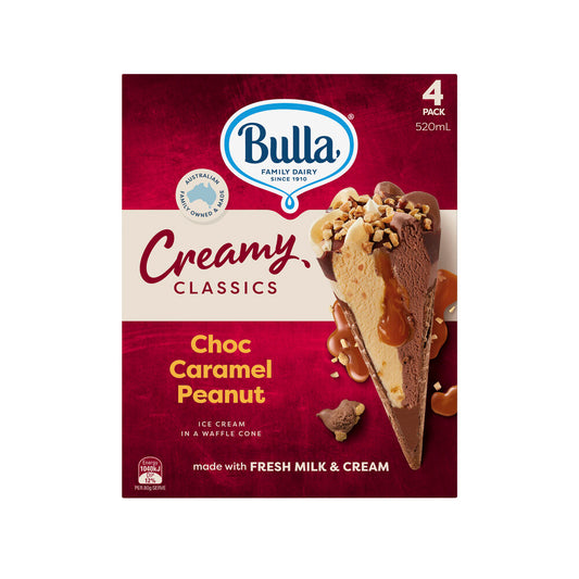 Bulla Creamy Classics Choc Caramel Peanut Cone 4 Pack - 520mL
