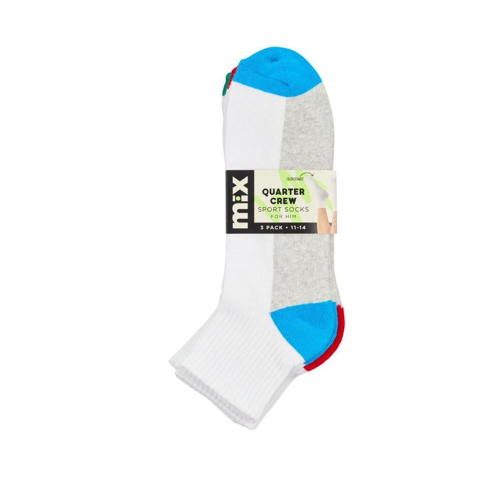 Mens Mix Qtr Crew Sport White Contrast Sz 6-10 3 PACK