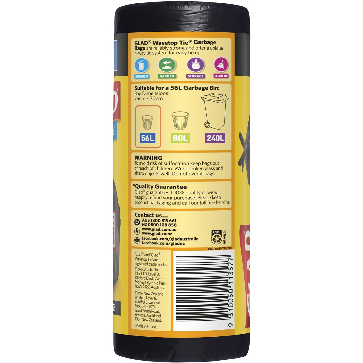 Glad Garbage Bags Wavetop 56L 20 pack