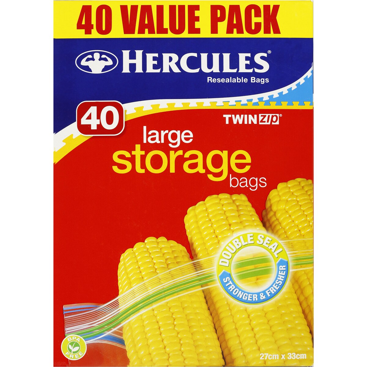 Hercules Twin Zip Resealable Storage Bags Large 40 pack